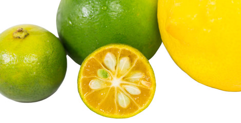 Calamansi, lime and lemon over white background