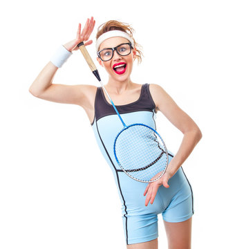 Surprised funny fit woman playing with recket