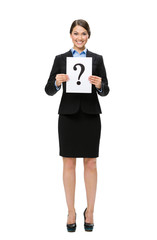 Full-length portrait of business woman handing question mark