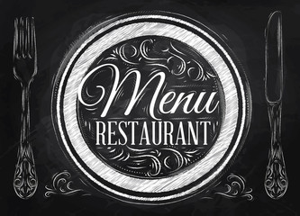 Menu restaurant lettering on a plate with a fork and a spoon on 