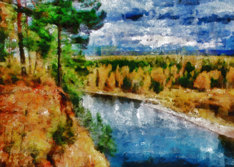 Digital structure of painting. Autumn river