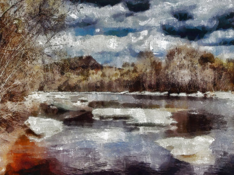 Digital structure of painting. Autumn lake