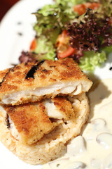 Close image of business lunch rise with fish and salad