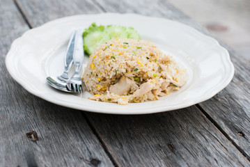 Fried rice with chicken in white dish