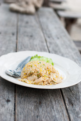 Fried rice with chicken in white dish