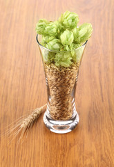 Closeup of glass with grains and hop.