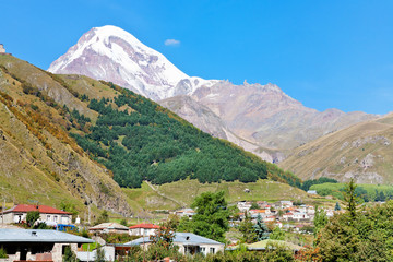 village Stepantsminda and Mount Kazbek in Georgia