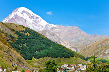 village Stepantsminda and Mount Kazbek in Georgia