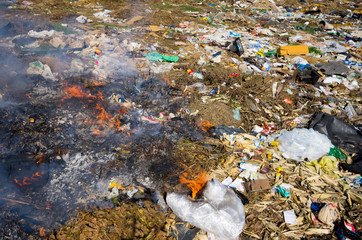Trash burning with dark smoke beside road