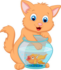 Kitten Fishing for Gold Fish in an Aquarium Bowl