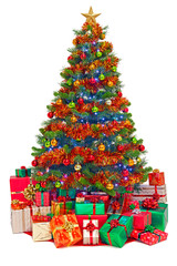 Decorated Christmas tree with gifts isolated