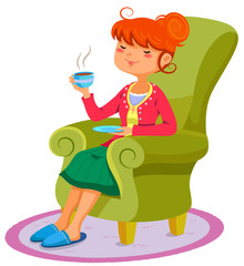 woman relaxing on the sofa with a cup of hot drink