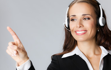 Support phone operator pointing, over gray