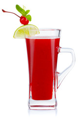 Glass of hot fruit tea with fresh mint and cherry berry isolated