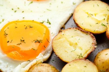Breakfast with eggs, sausage and potato