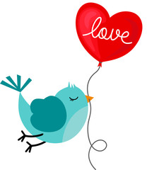 Bird holding love heart balloon