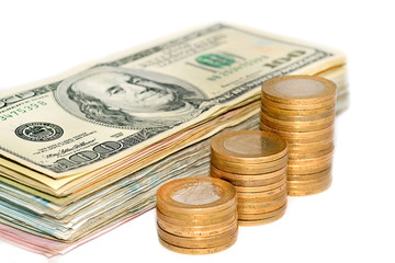 turkish coins and dollar banknote on white background