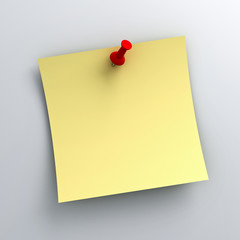 Yellow sticky note paper with red push pin on white background