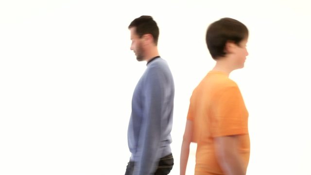 Teenager boy and adult man walking left and right