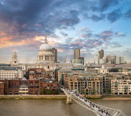 London. Beautiful aerial view of Millennium Bridge and St Paul C