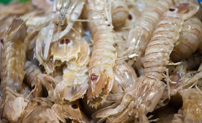 Many fresh shrimps on market counter