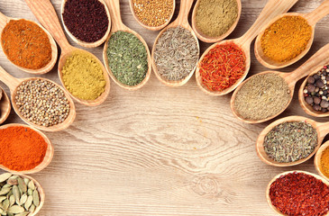 Assortment of spices in wooden spoons on wooden background