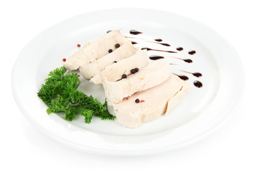 Boiled chicken meat with balsamic sauce, isolated on white