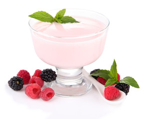 Delicious yogurt with berries isolated on white