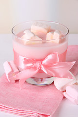 Tasty yogurt with marshmallows, close up