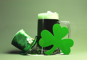 St Patrick's Day green beer, shamrock and leprechaun hat