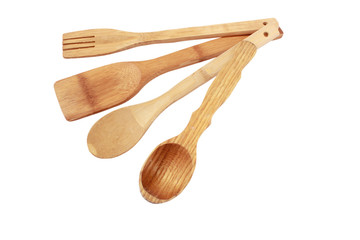 Old wooden  fork, spoon, spatula isolated
