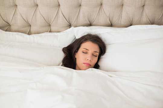 Calm pretty brown haired woman sleeping in her bed