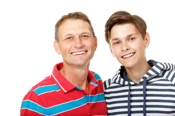 Father with son teen happy smiling over white