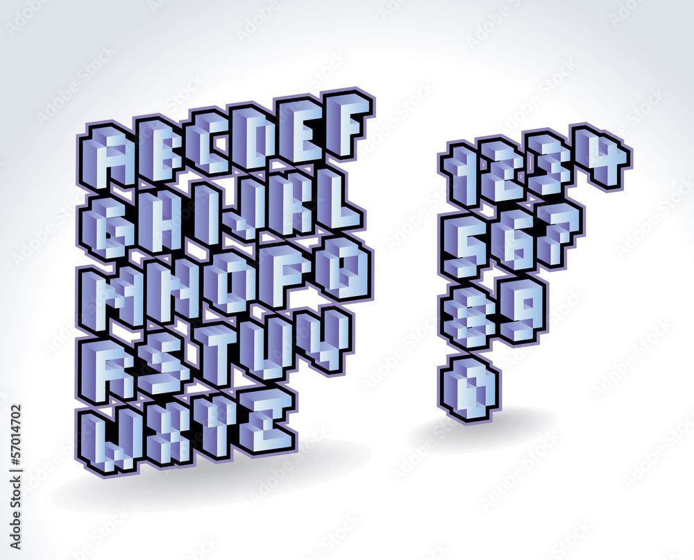Fototapete 3d pixel alphabet font and numbers. Vector