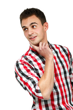 Young cheerful man in checked shirt, portrait of attractive guy