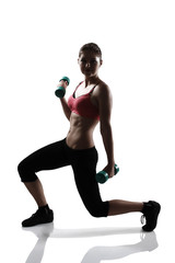 Fototapeta na wymiar sport young athletic woman doing lunge with dumbbells, silhouett