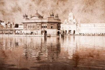 Fotobehang Golden Temple in Amritsar, India. Artwork in retro style. © OlegD