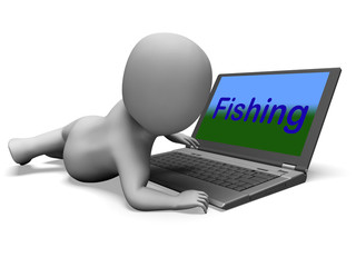 Fishing Character Laptop Means Sport Of Catching Fish On Web