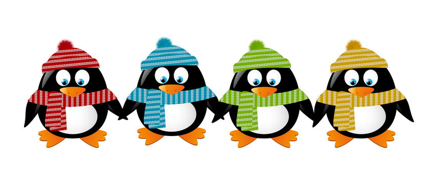Cute winter penguins holding hands