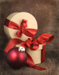 Christmas Card with Christmas ornament and Christmas gifts