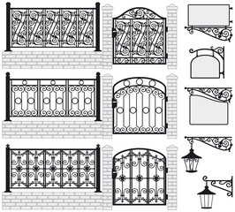 Set of iron wrought fences, gates, signboards, lanterns.Vector