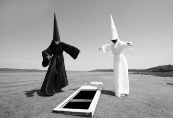 Strange figures and the door to other world. Artwork