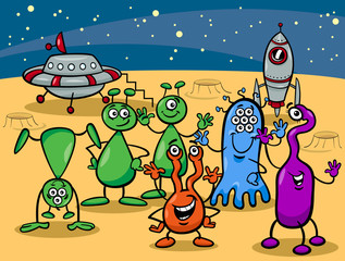 ufo aliens group cartoon illustration
