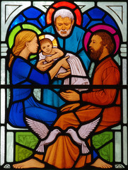 Jesus, St. Mary and Joseph in stained glass