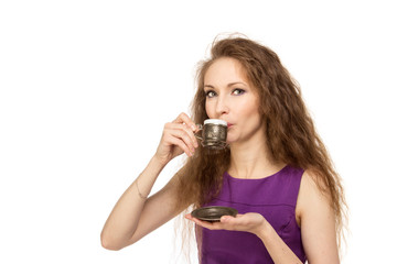 Young happy woman holding a coffee cup isolated