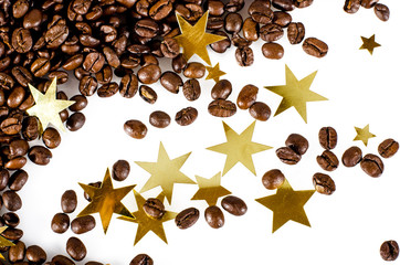 Einladung zum Advents-Kaffee: Kaffebohnen und Goldsterne