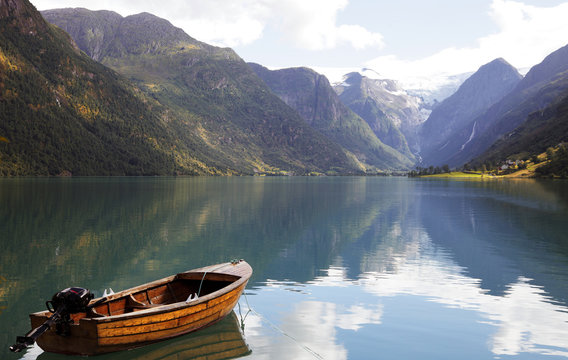 Fishing boat on a still lake in Norway