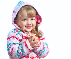beautiful little girl wearing a jacket on a white background