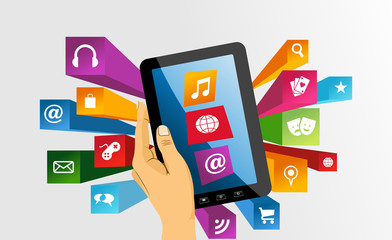 Human hand holds tablet pc with app icons.