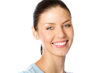 Happy smiling young woman, over white